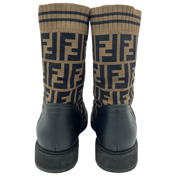 Fendi FF Rockoko Stretch Fabric Black Leather Combat Biker Boots EU 37 US 7 - Picture 4 of 10